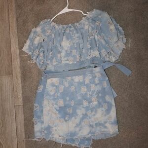 Sexy Two Piece Distressed Denim Mini Skirt Set | Fashion Nova